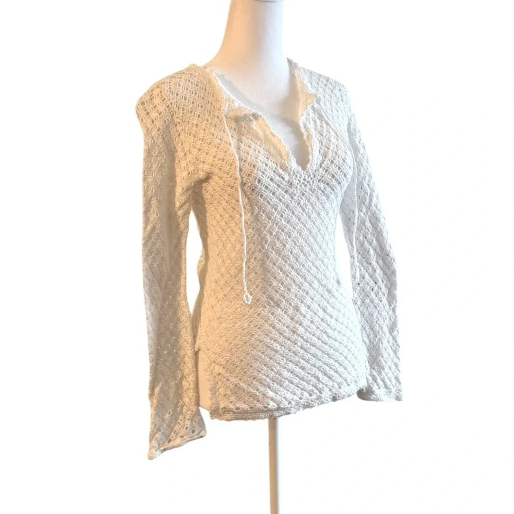 Banana Republic White Crochet Pullover Top Cotton Long Sleeve Boho Textured